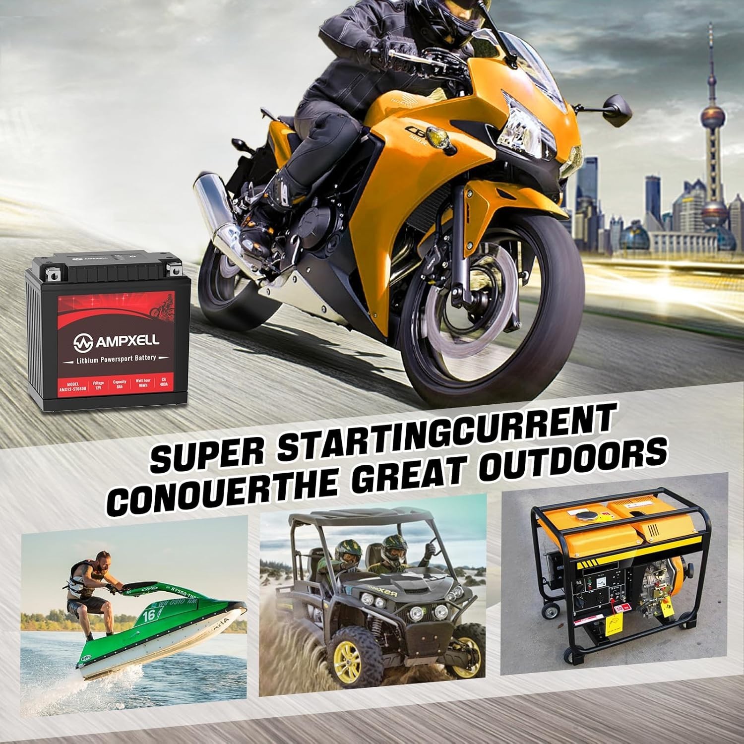 AMPXELL Lithium Powersport Battery, 12V, 4Ah, 48W, YTX20L-BS, ETX20L
