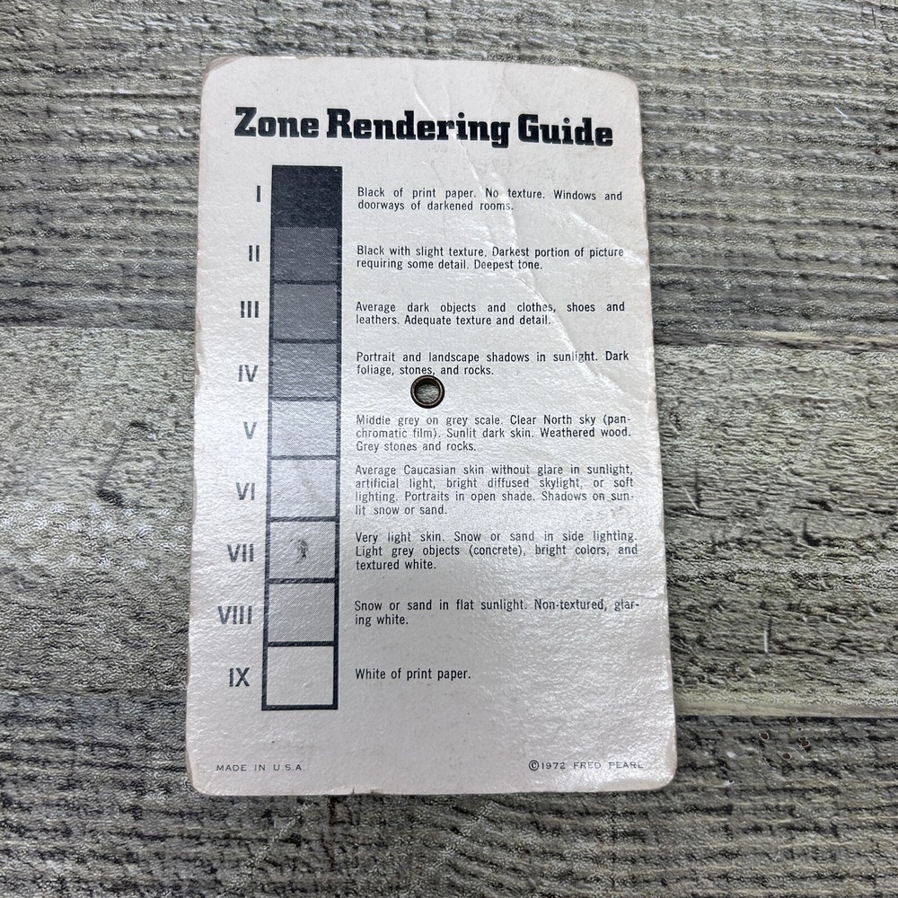 1972 Fred Pearl Zone Master Photography Shutter Speed Zone Rendering Guide