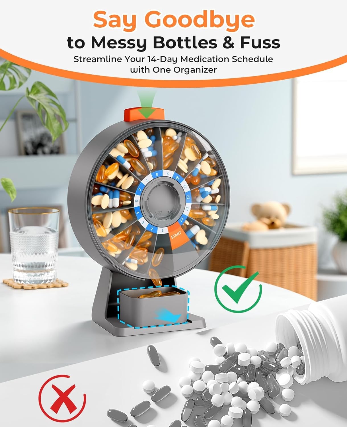 Pill Dispenser Daily,Large Pill Organizer with Standing Used,Used for 14 days