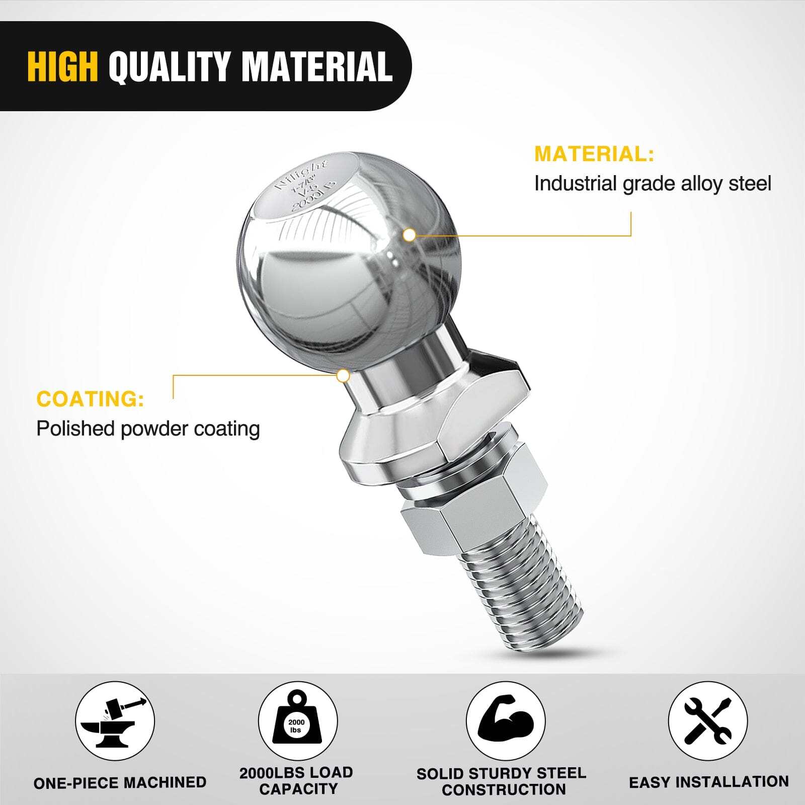 Nilight 1-7/8-Inch Diameter Chrome Trailer Hitch Ball 1 x 1-5/8-Inch