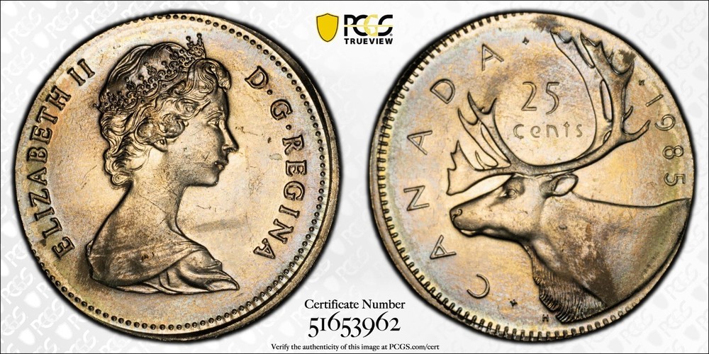 1985 Canada 25 Cent MINT ERROR, Struck on 5 Cent Planchet - PCGS MS 65