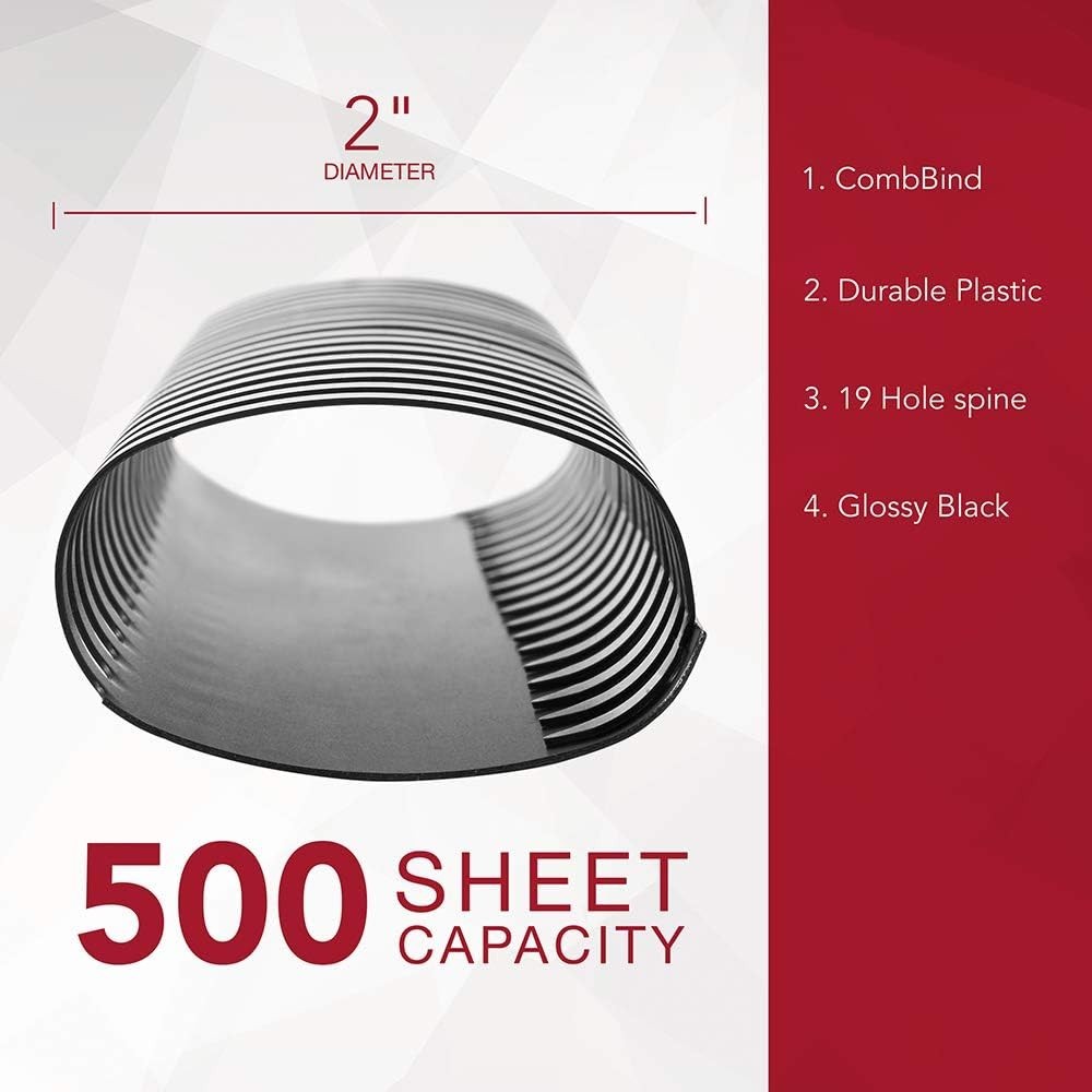 Sleek CombBind 2" Plastic Binding Spines - 500 Sheet Capacity, Black, 50 Count