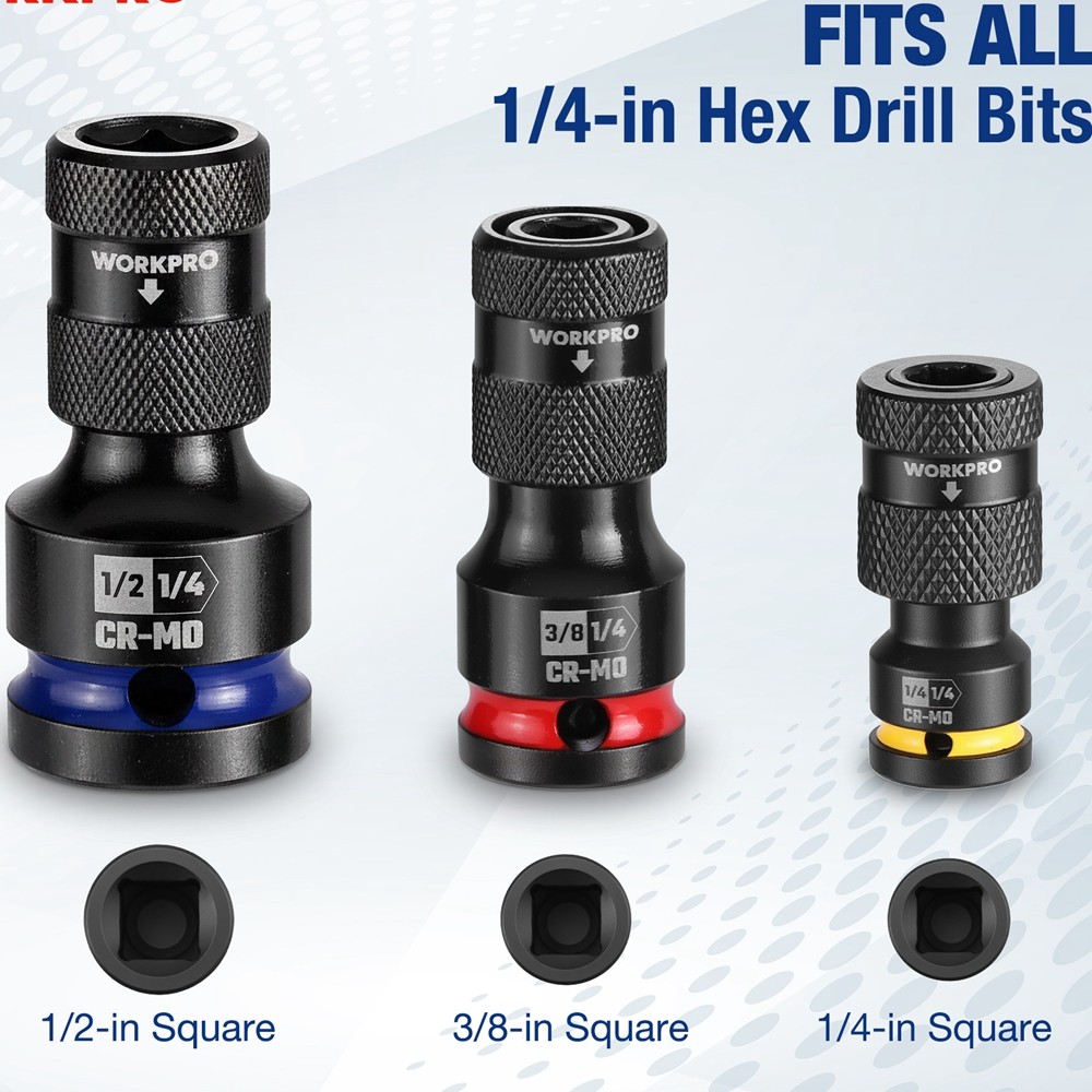 WORKPRO Quick Release Hex Impact Socket Adapter Bit Holder Set 1/2" 3/8" 1/4inch