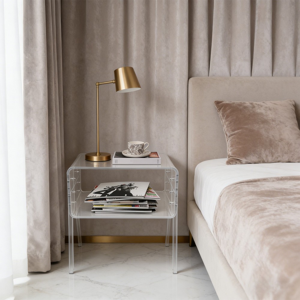 End Table Rectangular, Modern Clear Side Table Open Compartment Table for Couch