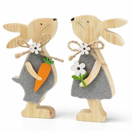 Set 2, Easter Rabbit Decor, Easter Decorations for the Home, Wood, White, Grey