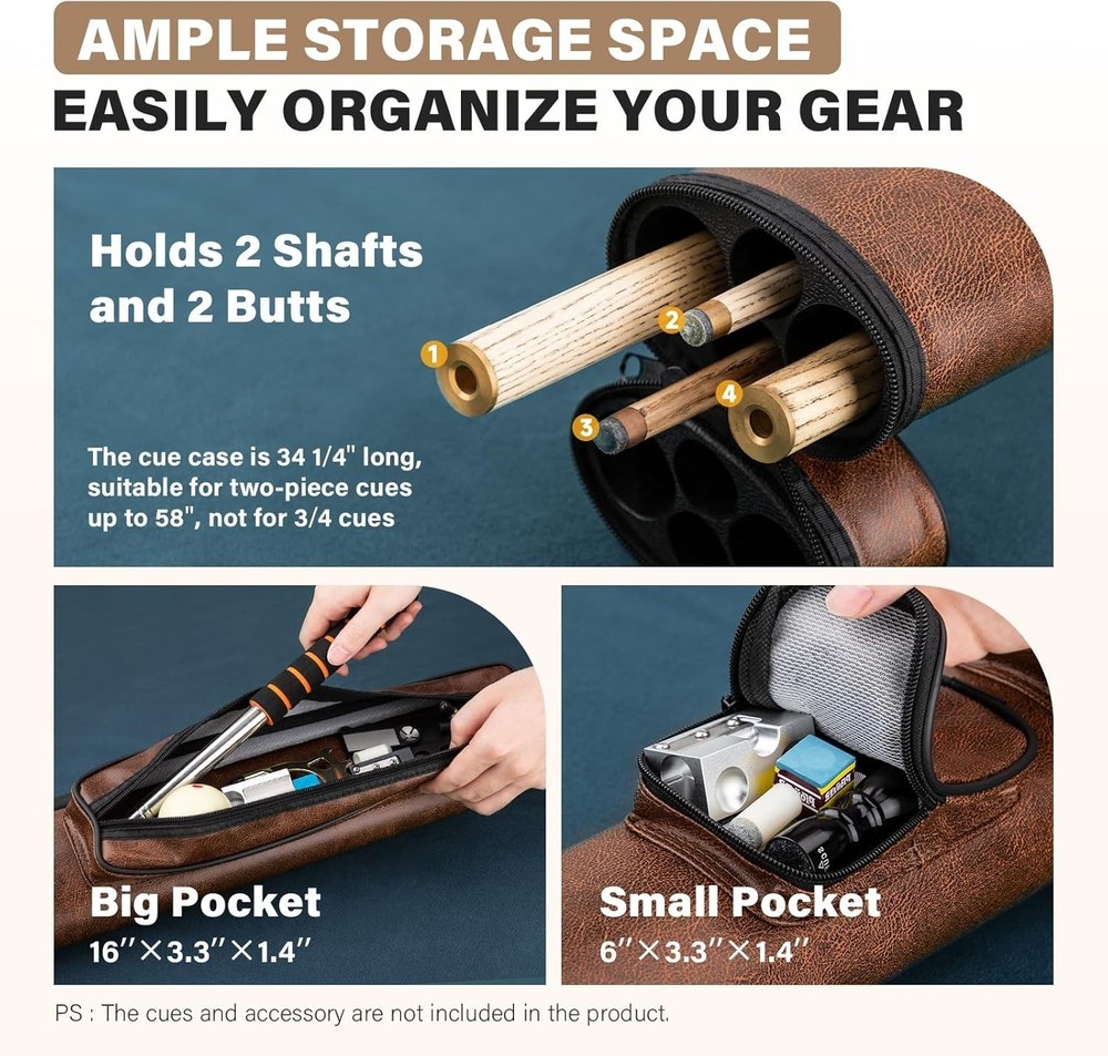 2x2 Billiard Cue Case with Soft Cushion & Adjustable Shoulder Strap