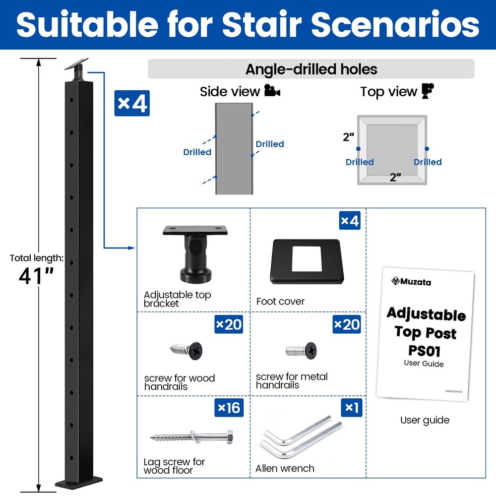 Muzata 4Pack 42"x2"x2" Cable Railing Post for Adjustable Top 25-35 Degrees PS01