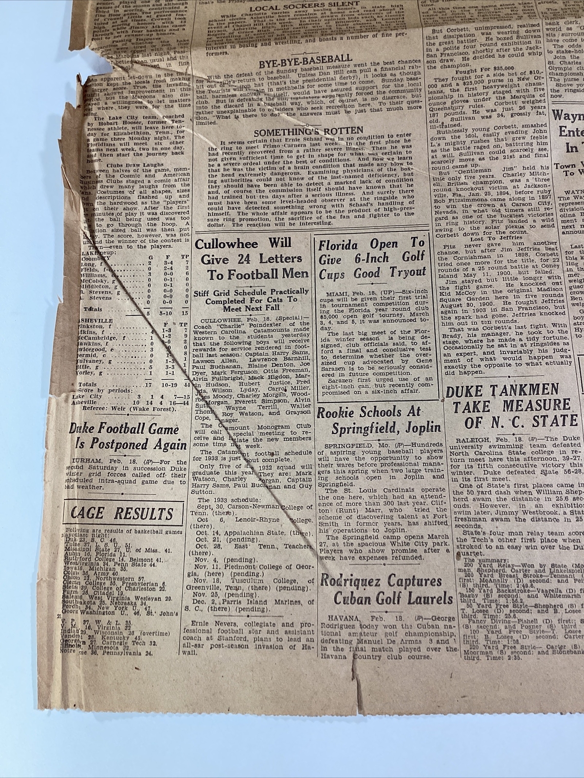 Ashville NC Newspaper Feb 19, 1933 Boxer Jim Corbett Dempsey Lou Gehrig Haverty