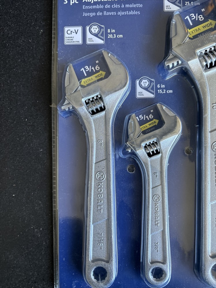 Kobalt 3pc Adjustable Wrench Set 6, 8, 10 Inch