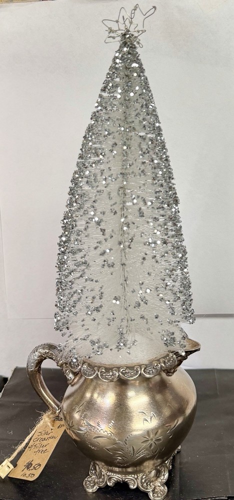 Vintage Silver  Creamer With Holiday Bottle Brush Tree - Unique Hostess Gift