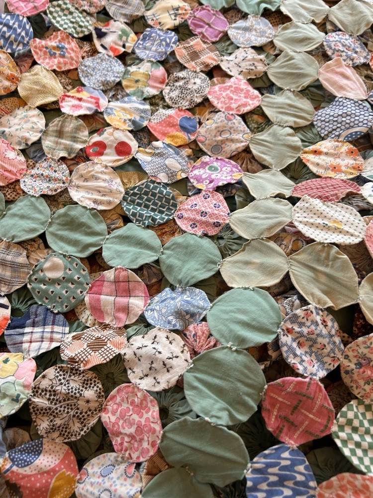 Antique Handmade Yo-Yo Quilt 64x94 Bedspread Patchwork Cottagecore