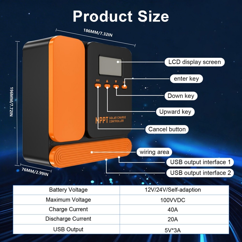 2pcs 40A 12V/24V Solar Charge Controller MPPT with LCD&USB for Off-Grid System