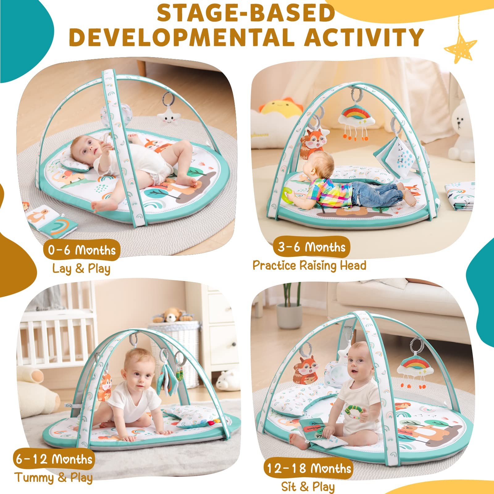 Baby Play Gym, ibabejoy Stage-Based Play Gym with 2 Machine Washable Mat Cove...