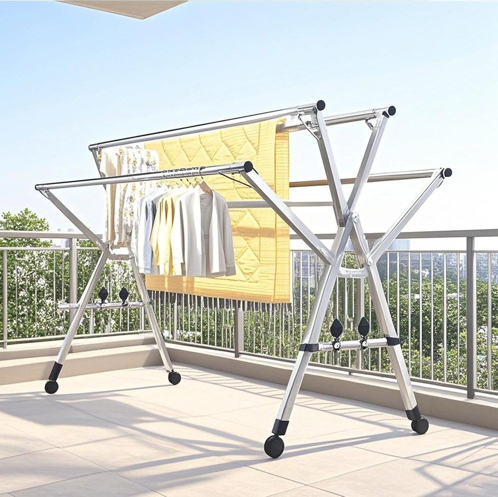 Folding 5-Rod Clothes Drying Rack with Wheels for Indoor & Outdoor Use