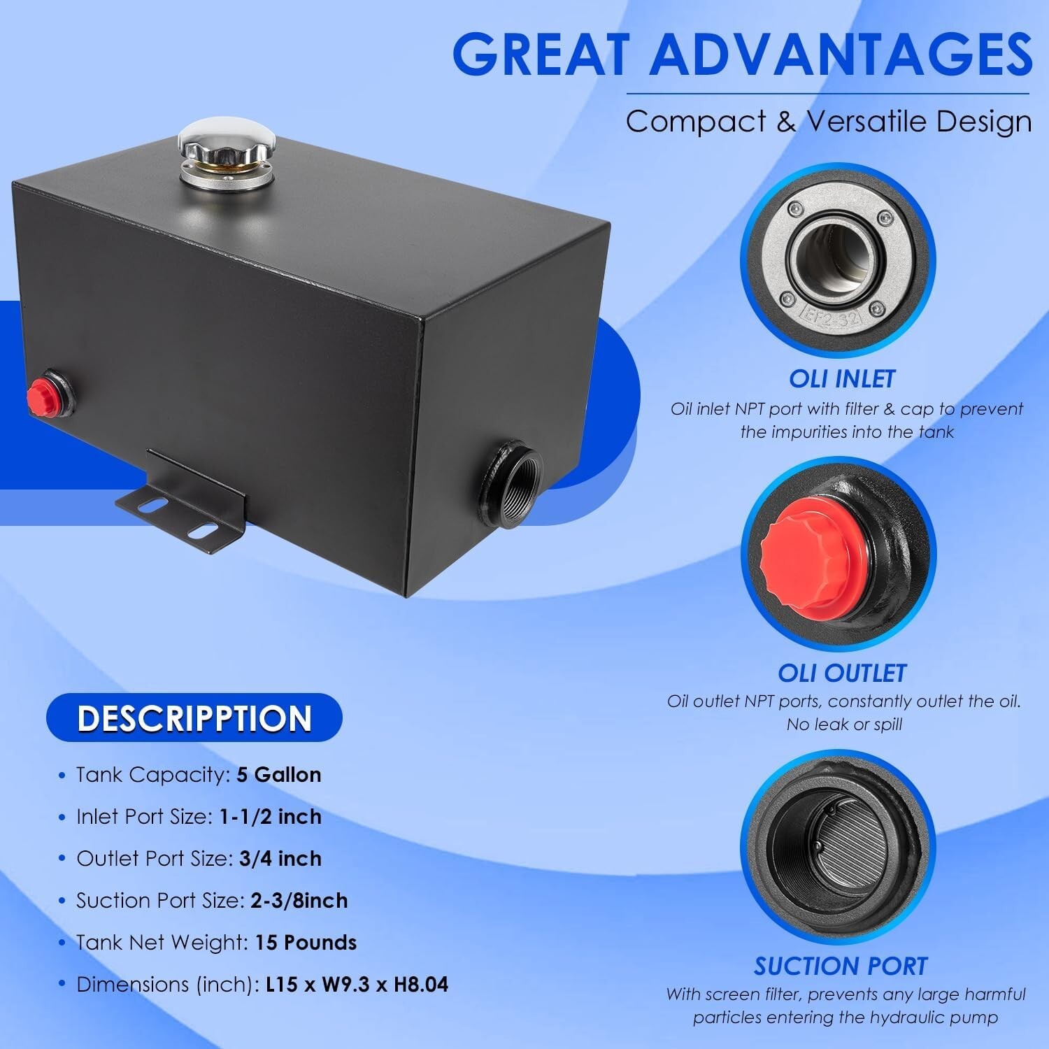 5 Gallon Hydraulic Fluid Reservoir Tank, Inlet 1-1/2" & Outlet 3/4" FNPT Port