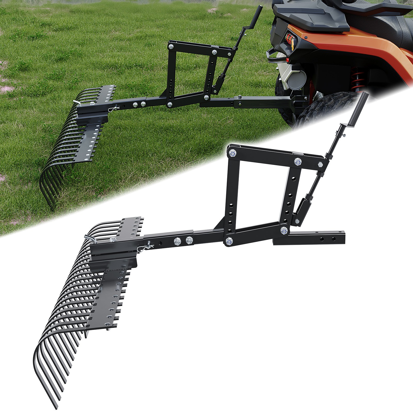 Adjustable 3 Point Landscape Rake + 1 Point Hitch Lift for Tractor Soil Lawn ATV