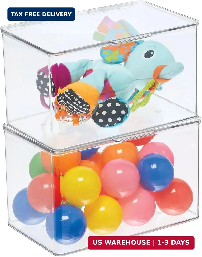 mDesign Set of 2 Storage Boxes with Lids - Stackable Plastic Storage Boxes for N
