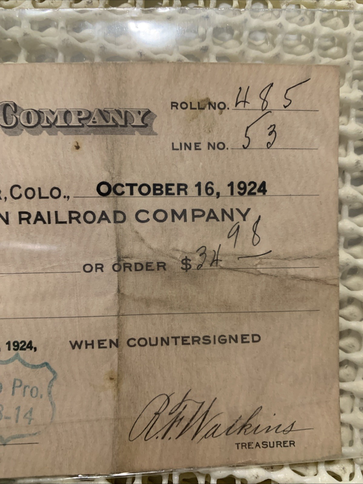 Antique 1924 Used/Cancelled Check Rio Grande Southern Railroad Company