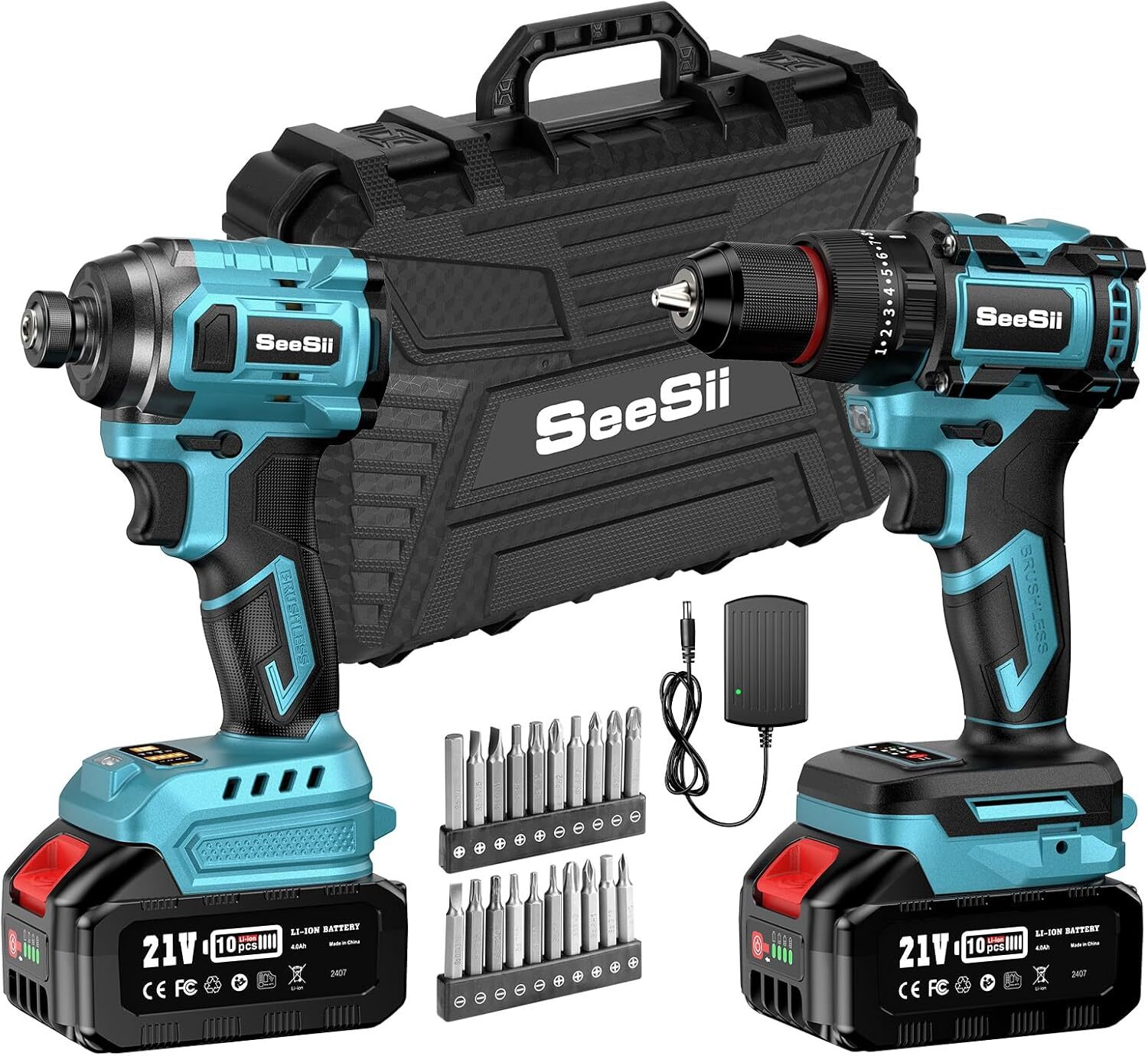 Seesii Brushless Cordless Drill & Impact Driver Power Tool Combo Kit 2xBattery