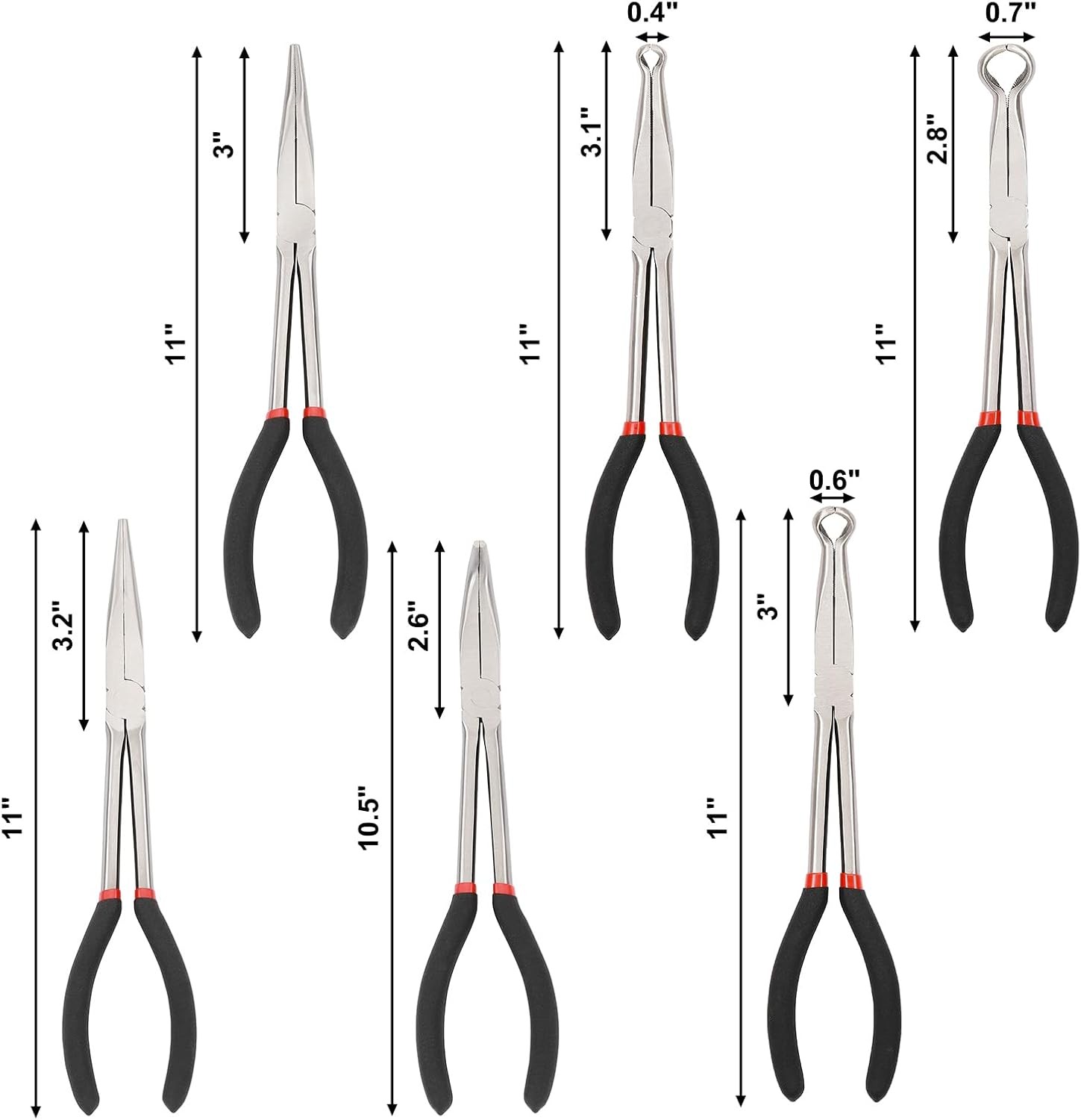 6PCS Extra Long Reach Pliers Set, 11" Straight, 45 and 90 Bent Nose, 5/16", 1/2"