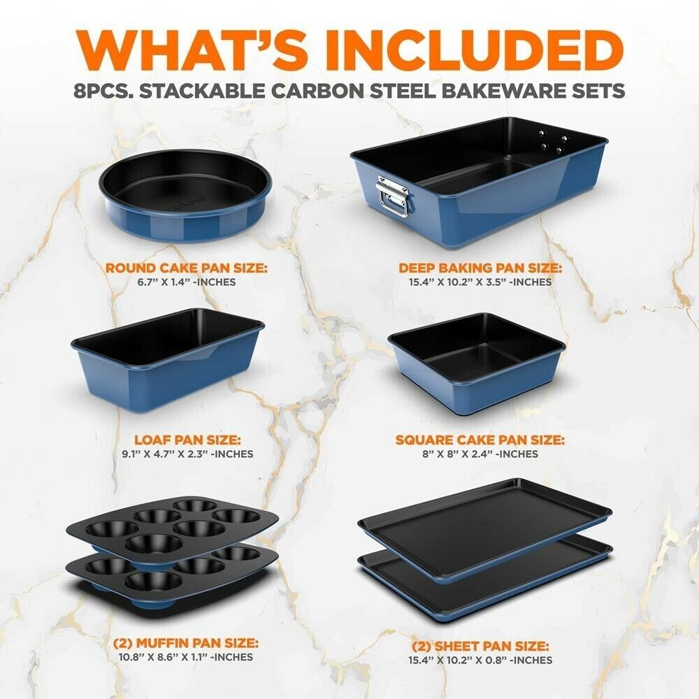 Nutrichef 8pcs. Stackable Carbon Steel Bakeware Sets - Non-Stick Coating (Blue)