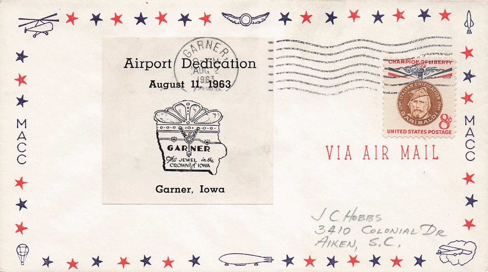 1963 US Cover Garner Iowa Airport Dedication Aviation Zeppelin Hot Air Balloon