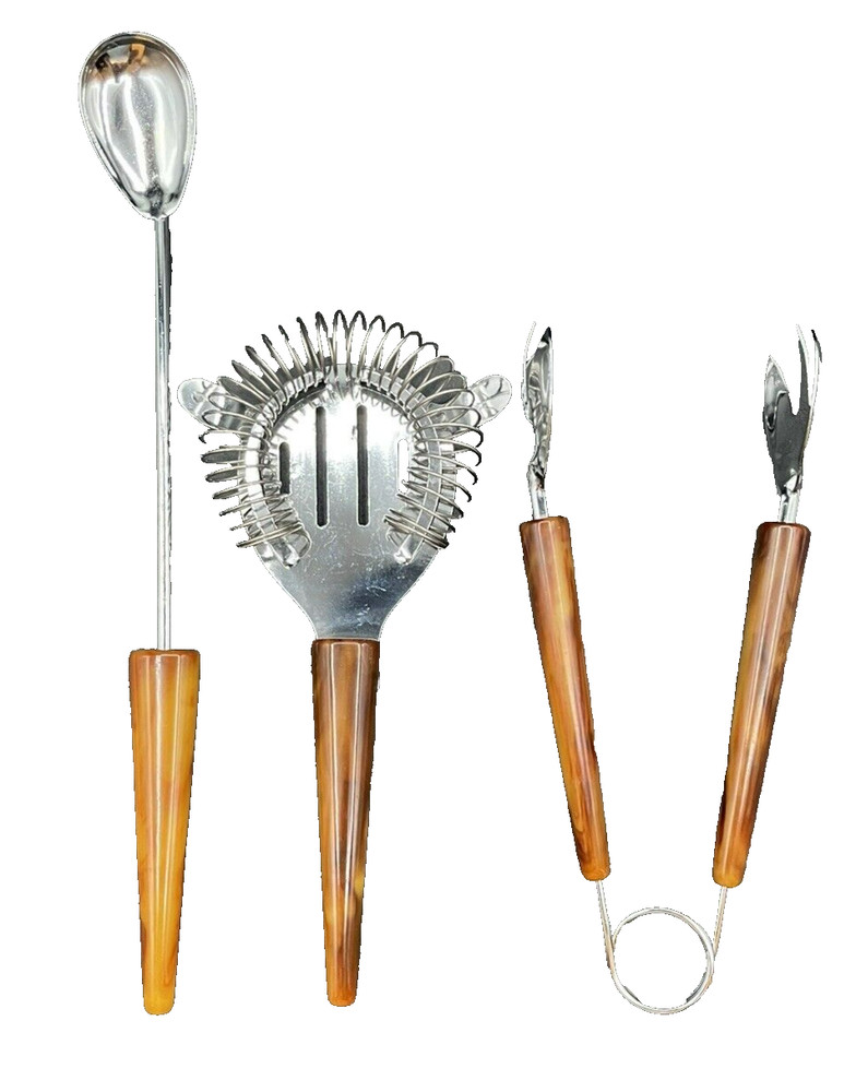 Tortoise Shell Bakelite Barware Martini Utensils - Spoon Tongs Strainer