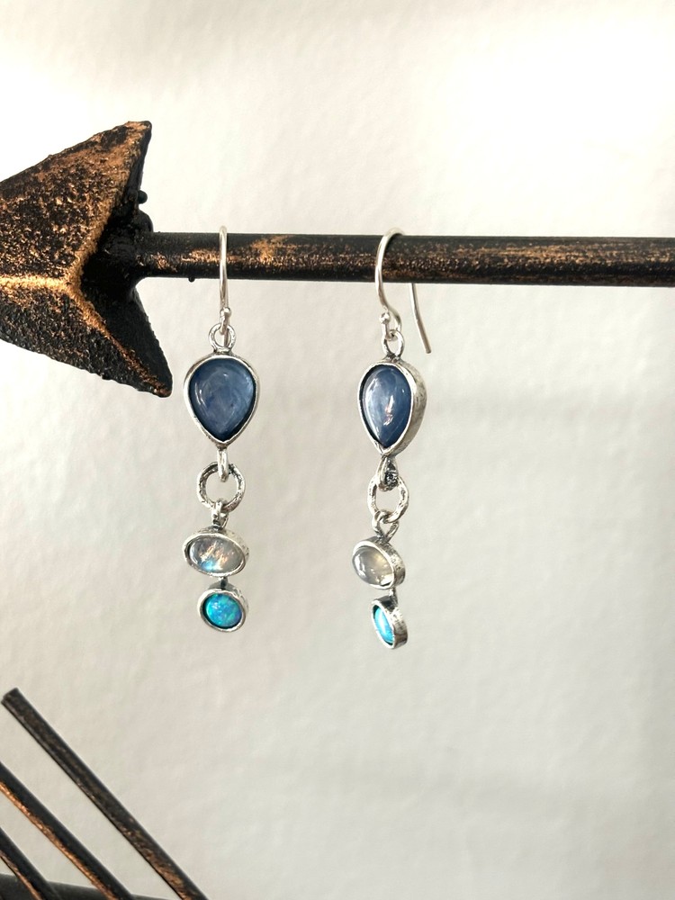 Rainbow Moonstone, Kyanite, and Synthetic Opal Drop Earrings