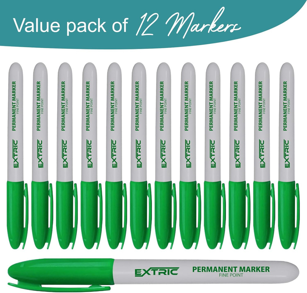 EXTRIC Permanent Markers Green, 12 Count Fine Point Markers, Quick Drying, Work