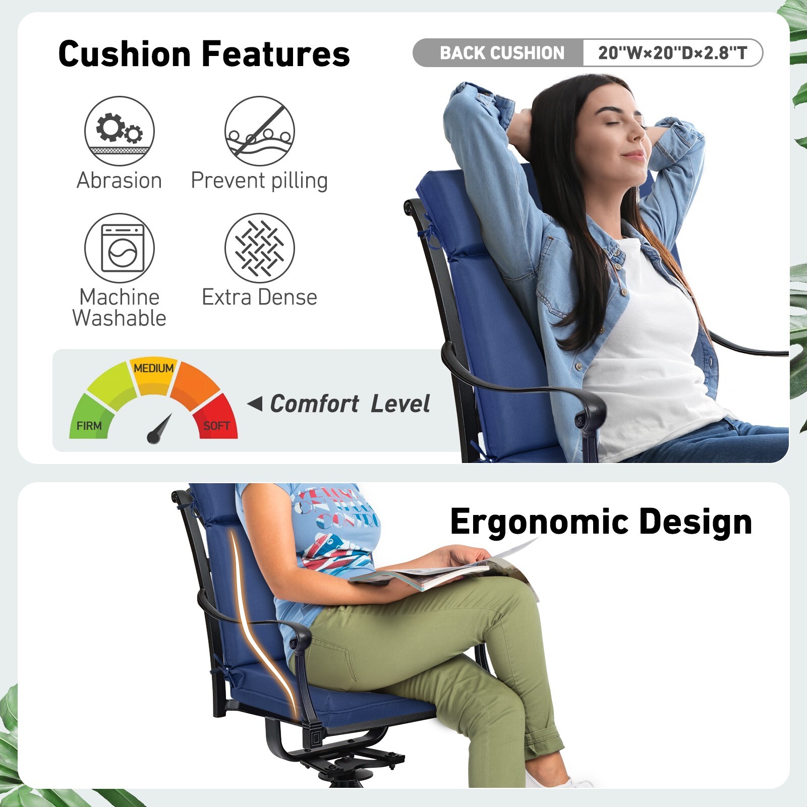 4Pcs Chair Cushions Seat Outdoor Patio High Back Deck Cartridge Cushion with Tie