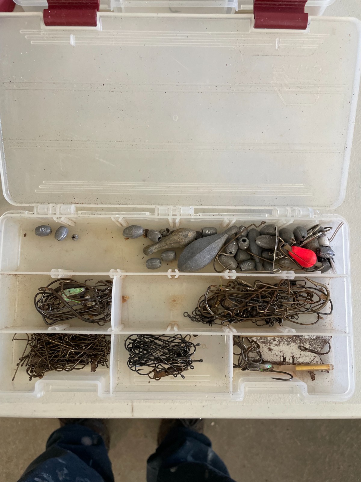 Plano Fishing Tackle Box Including Lot of Lures Hooks Weights Worms