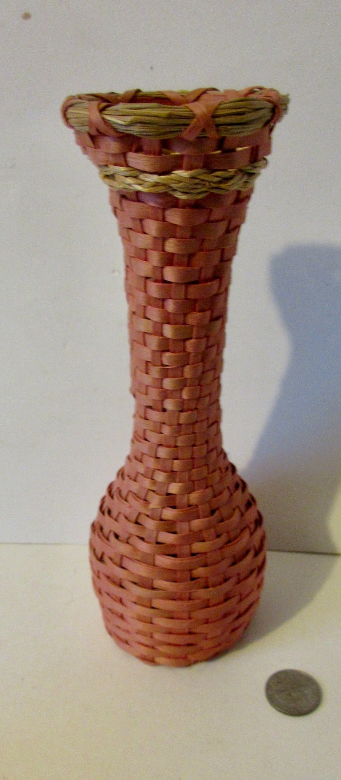Tall Wabanaki Basketry covered glass vase; "Willow Tree" -Penobscot 2002