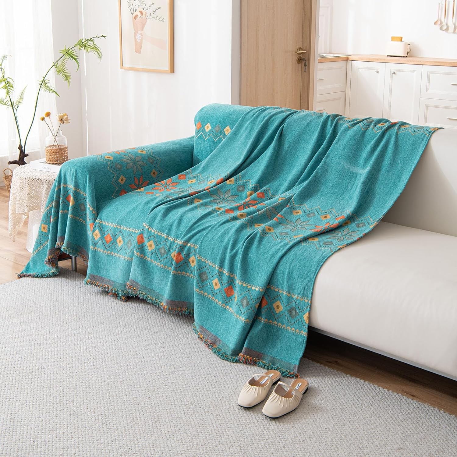 Chenille Boho Couch Cover Washable Jacquard Tassel Sofa Throw Scratch-Resistant