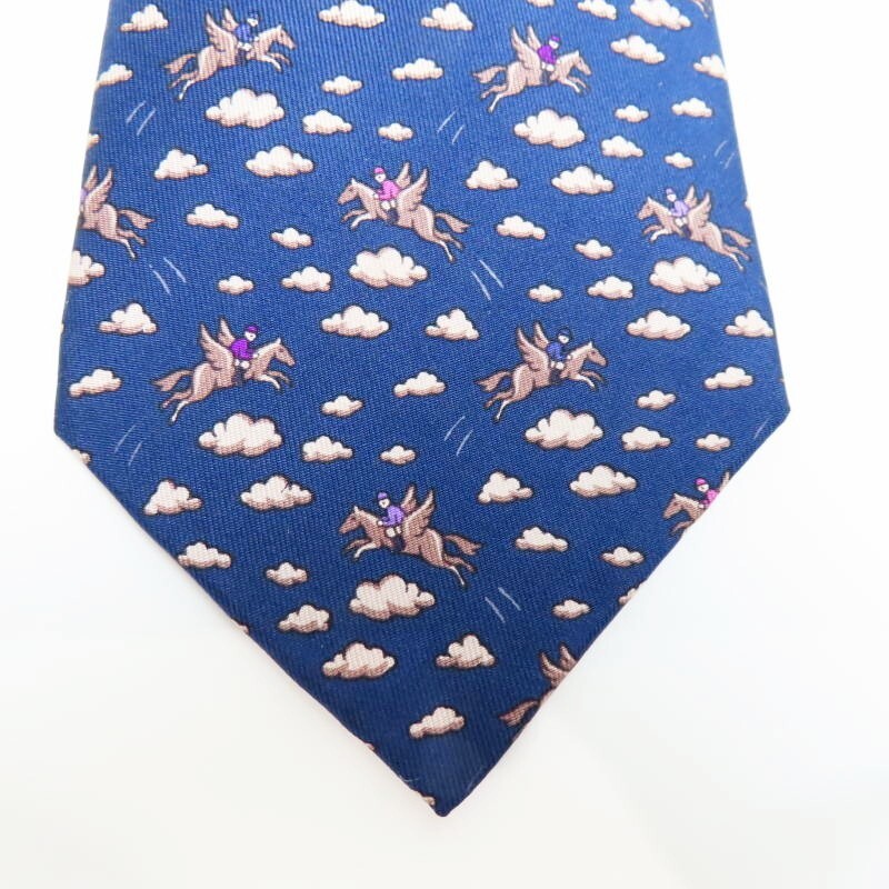 M03-k034 HERMES Pegasus pattern silk tie navy