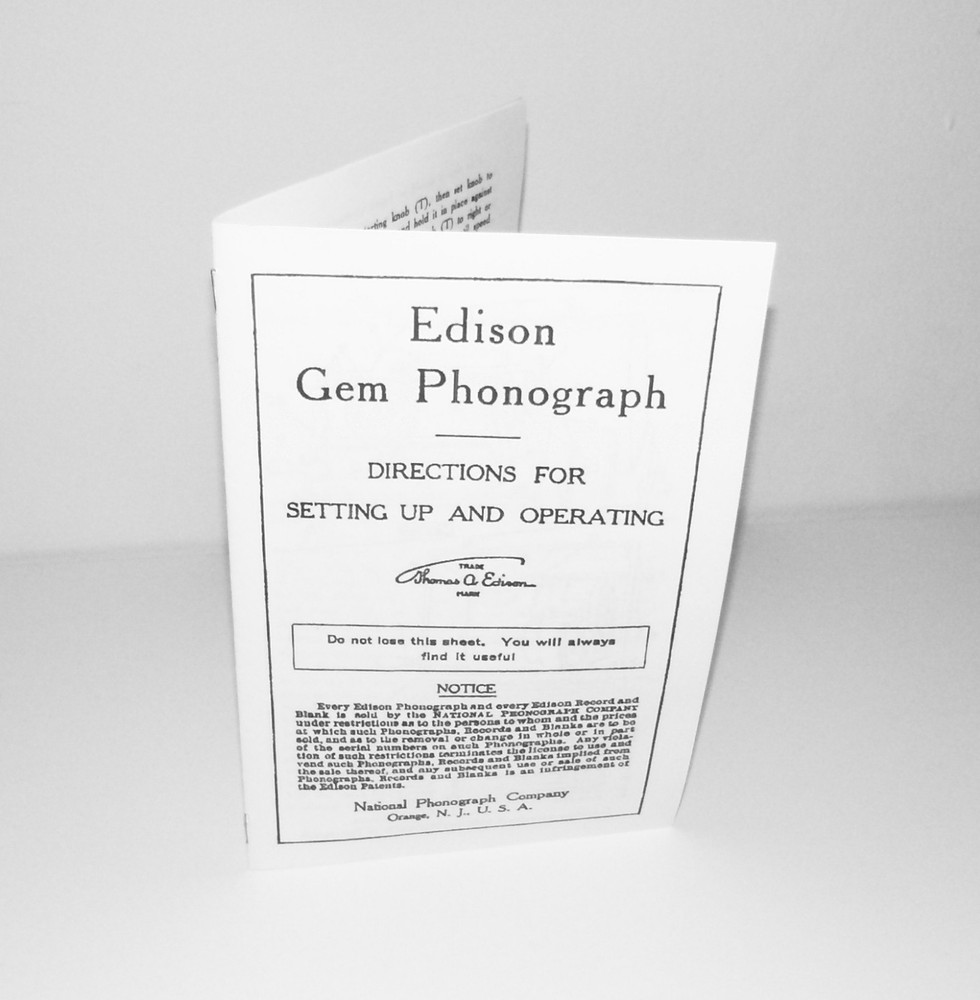 Edison Gem Phonograph Instruction Manual Reproduction