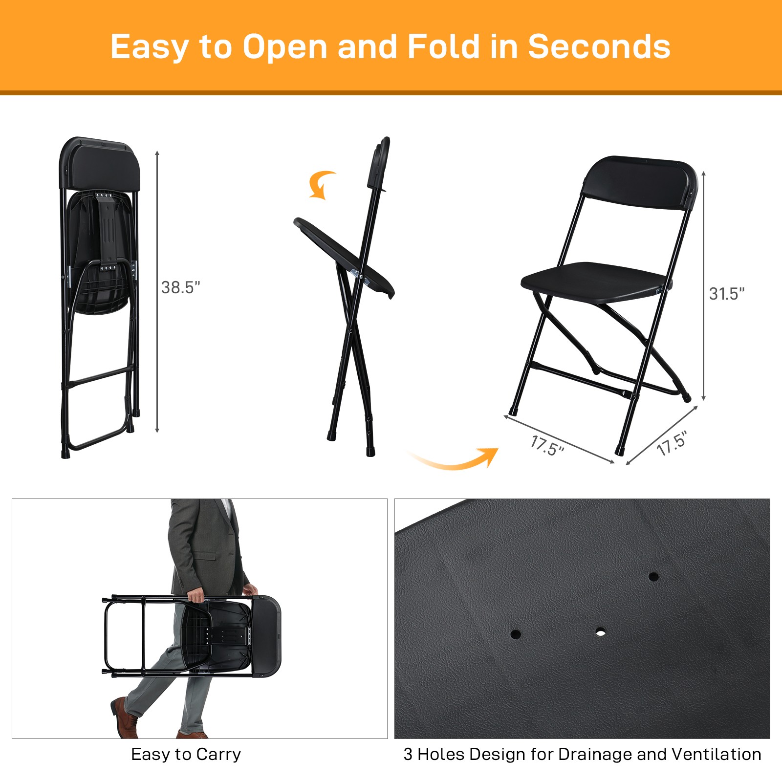 New 4PCS Commercial Black Plastic Folding Chairs Stackable Wedding Picnic Party