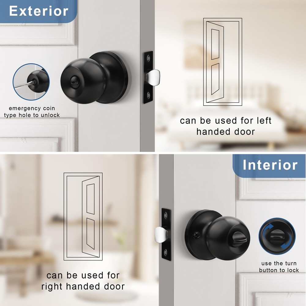 Knobonly 1 Pack Privacy Door Knobs Matte Black, Keyless Door Knobs Interior f...
