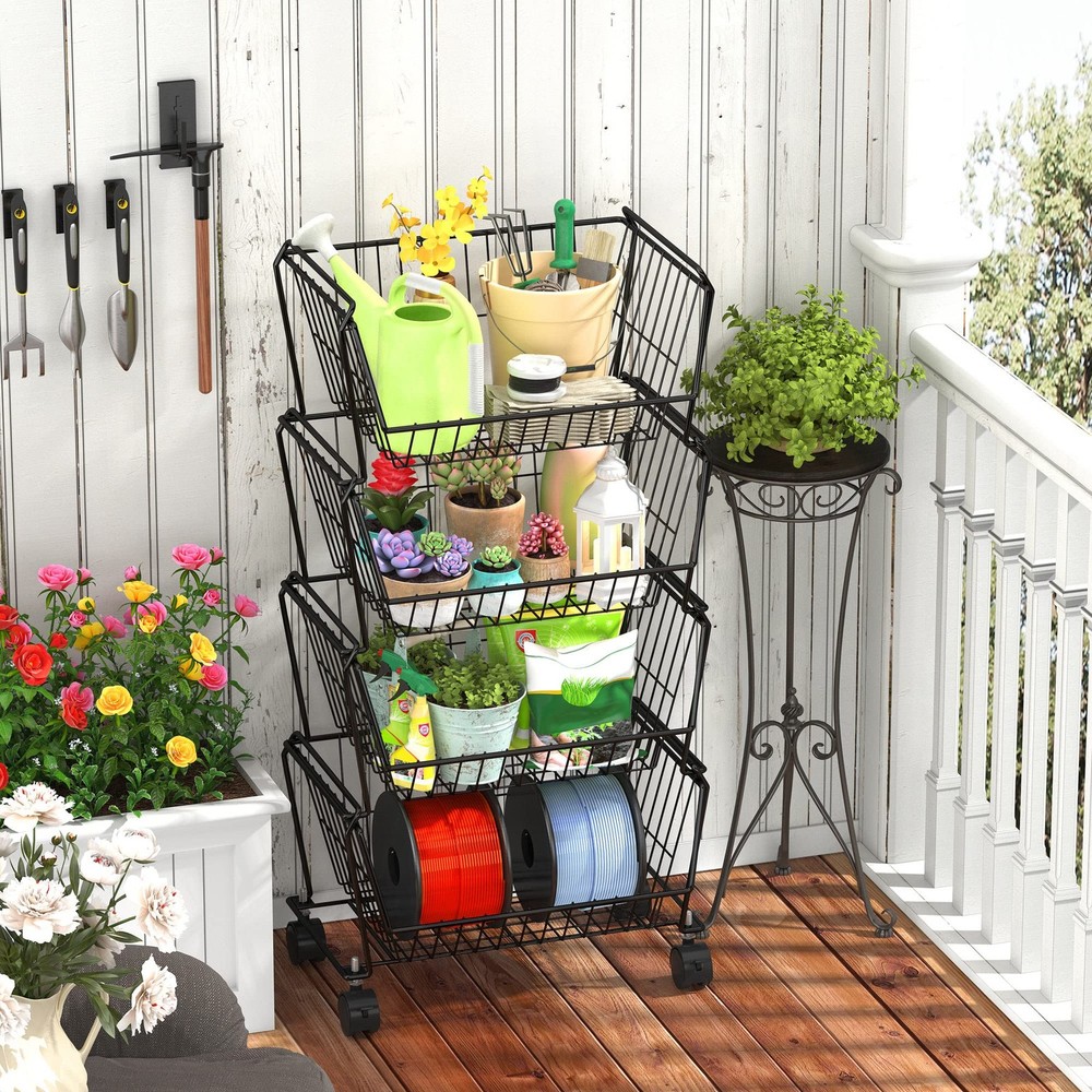 4-Tier Spacious Stackable Wire Storage Baskets with Wheels, Metal Rolling Uti...