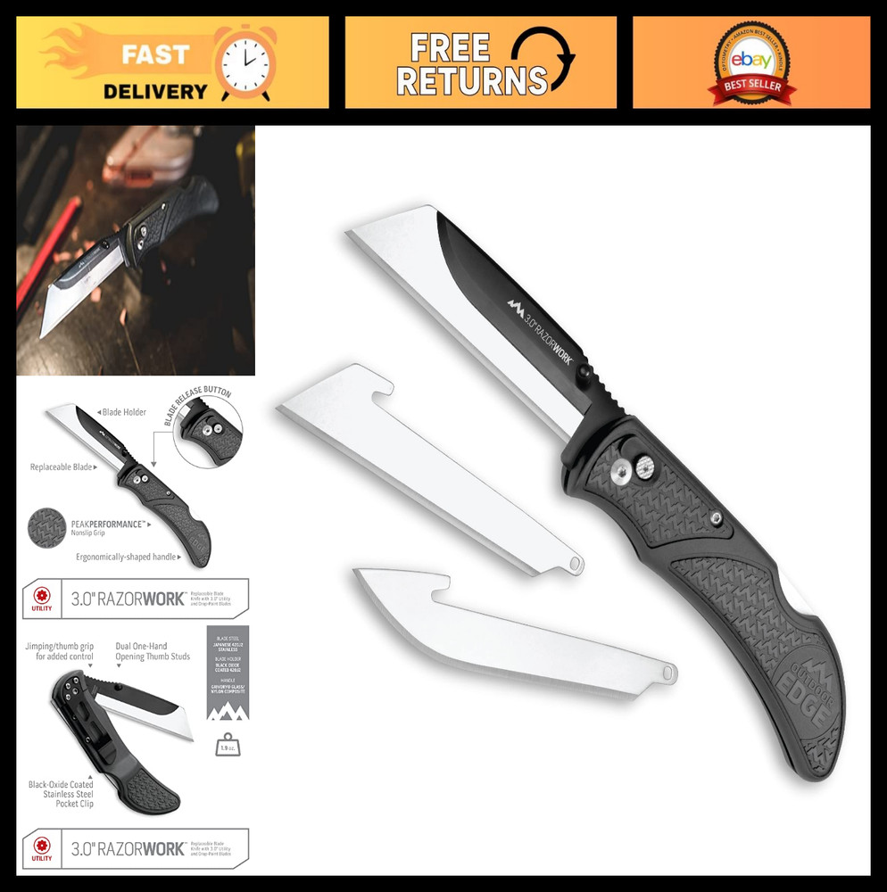 3" Razor-Work Folding Utility Knife - Replaceable Blades, Pocket Clip, 3X Sharp