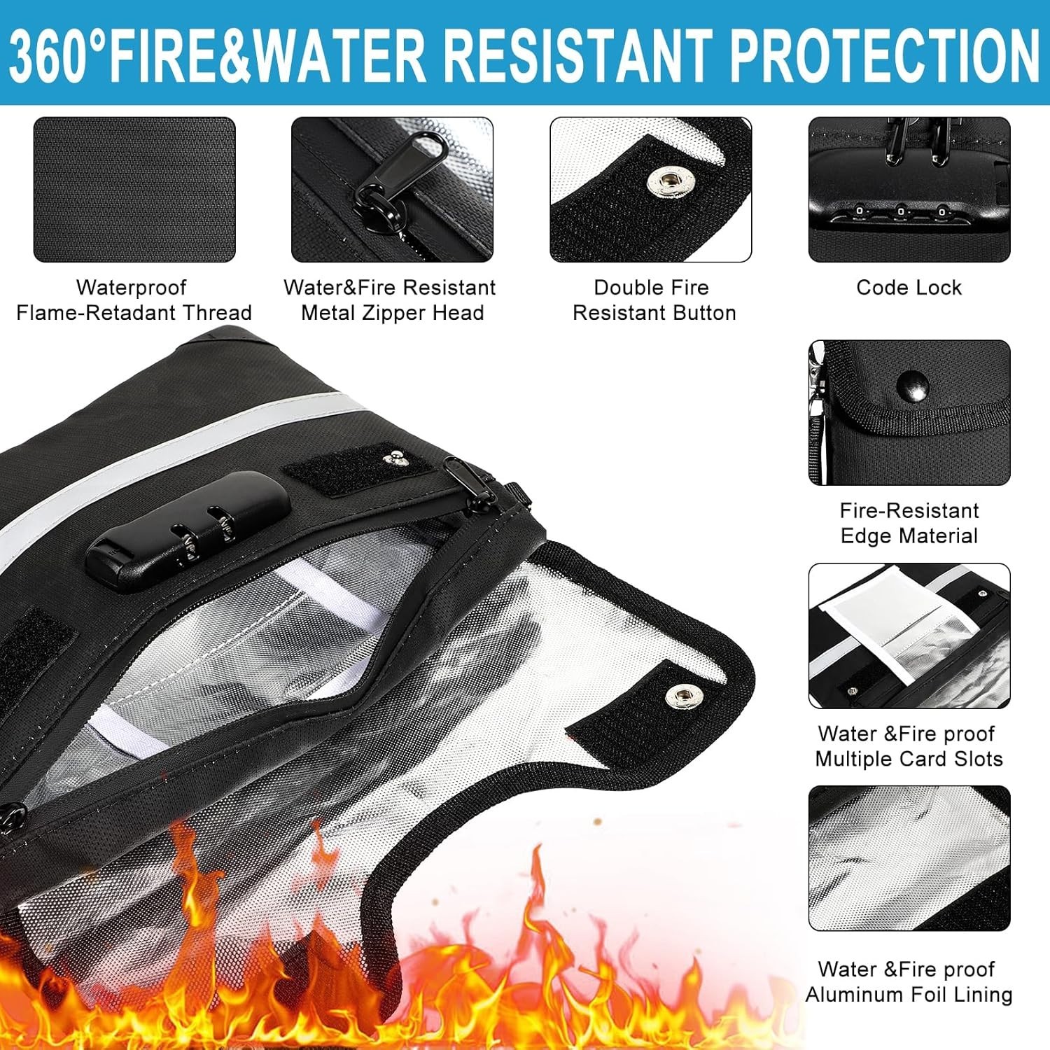 Fireproof Document Bag 38x31cm 6200°F Heat/Waterproof Safe Storage Bag with Lock