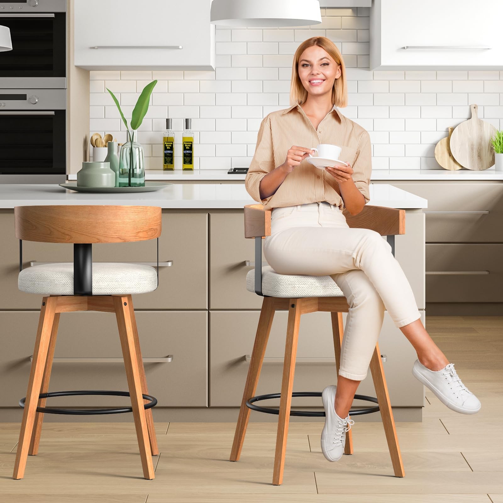 Modern Wooden Bar Stools Set of 2 Counter Height Swivel Bar Stools