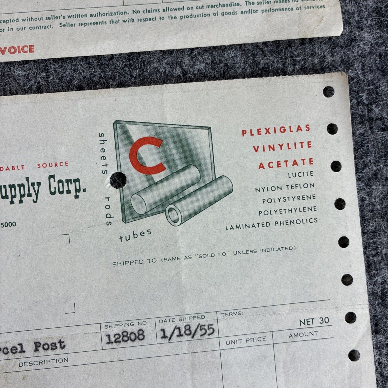 1955 & 1967 Commercial Plastics Invoices to M Marsh & Son Cigar Co Wheeling WV