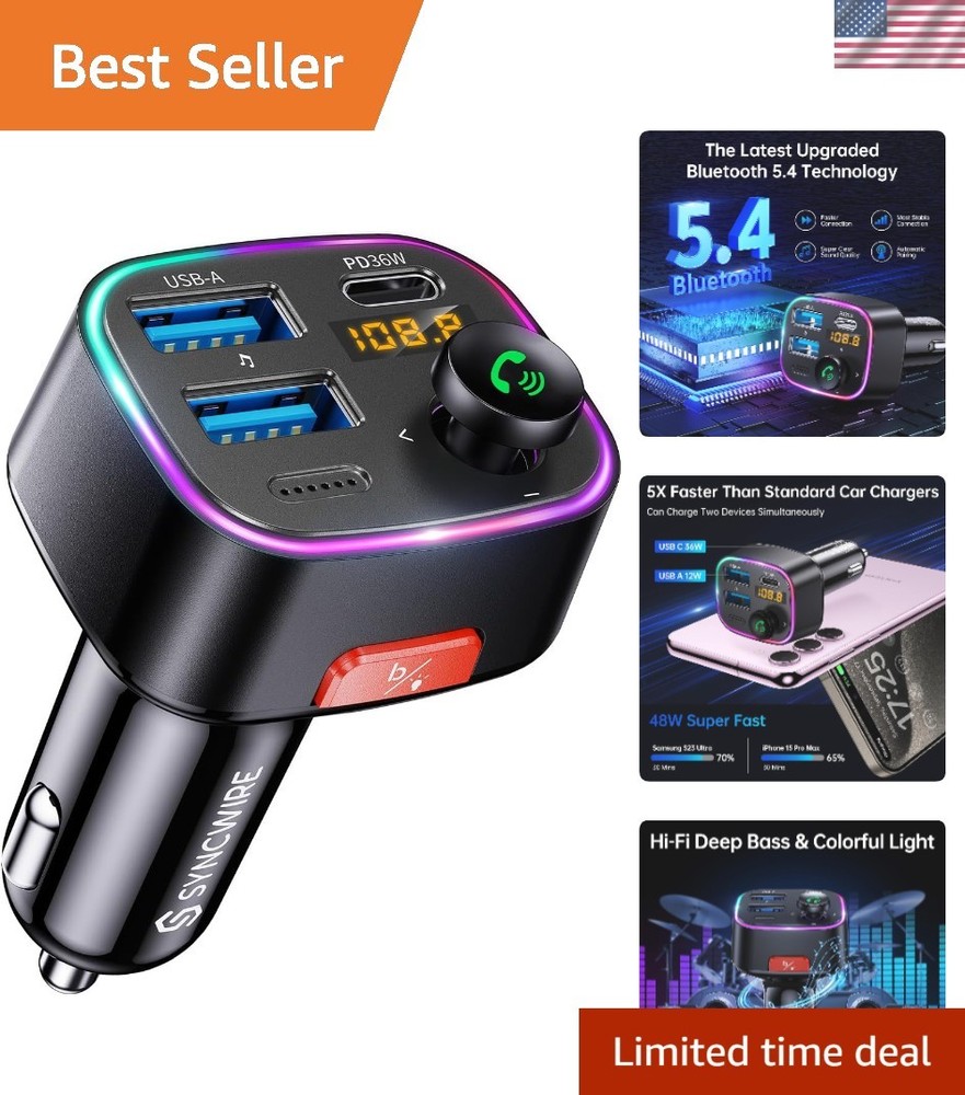 48W Fast Charging Bluetooth FM Transmitter with LED Display & Noise Cancellation