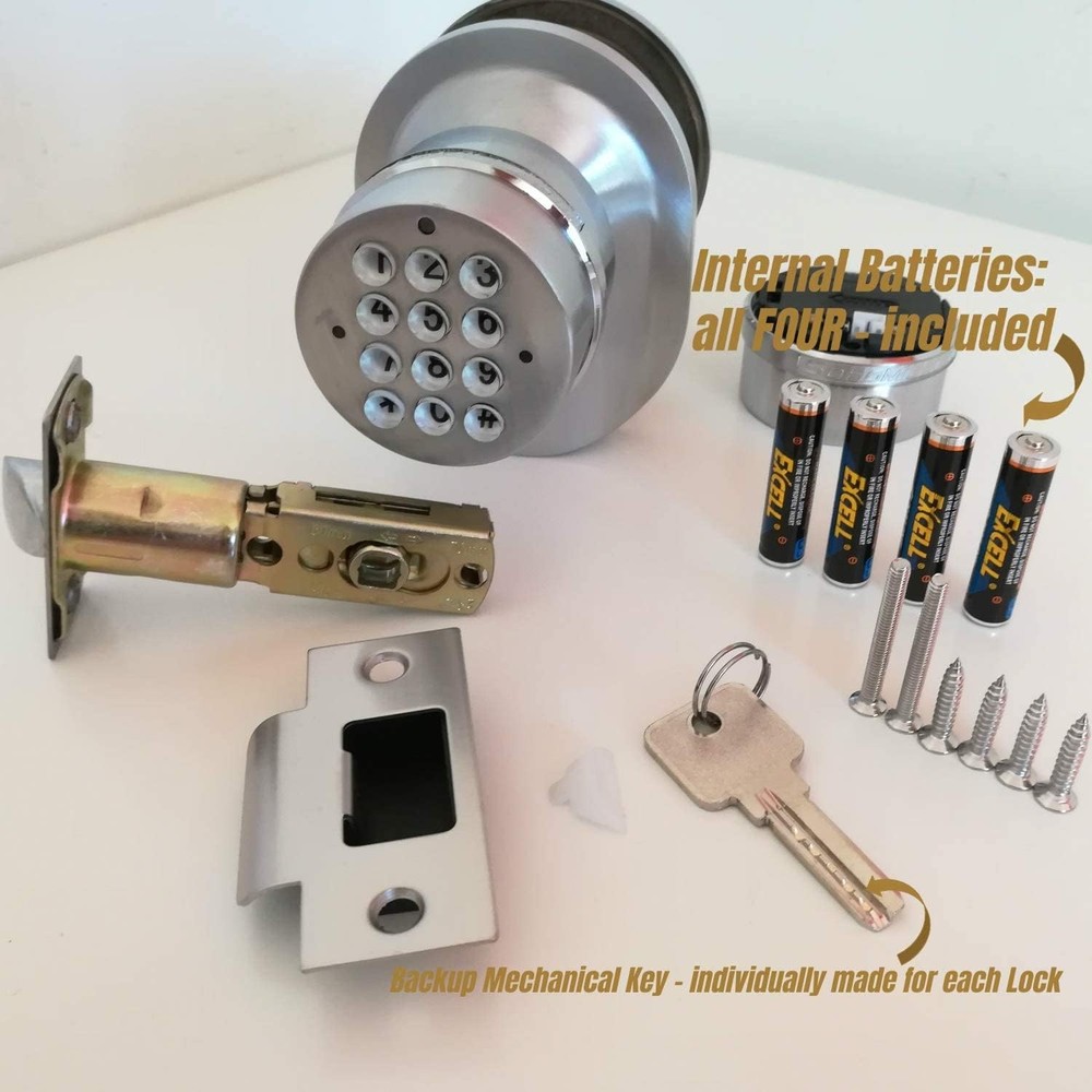 Keypad Door Knob Lock Auto-Lock 3 sec 8 User Codes Master Code LED Backlit Key