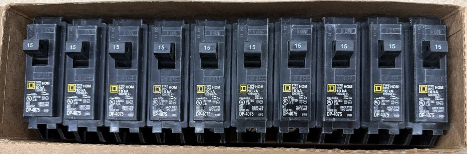 10 PCS Square D HOM115 - 15 Amp - 1 Pole - Plug On - Circuit Breaker