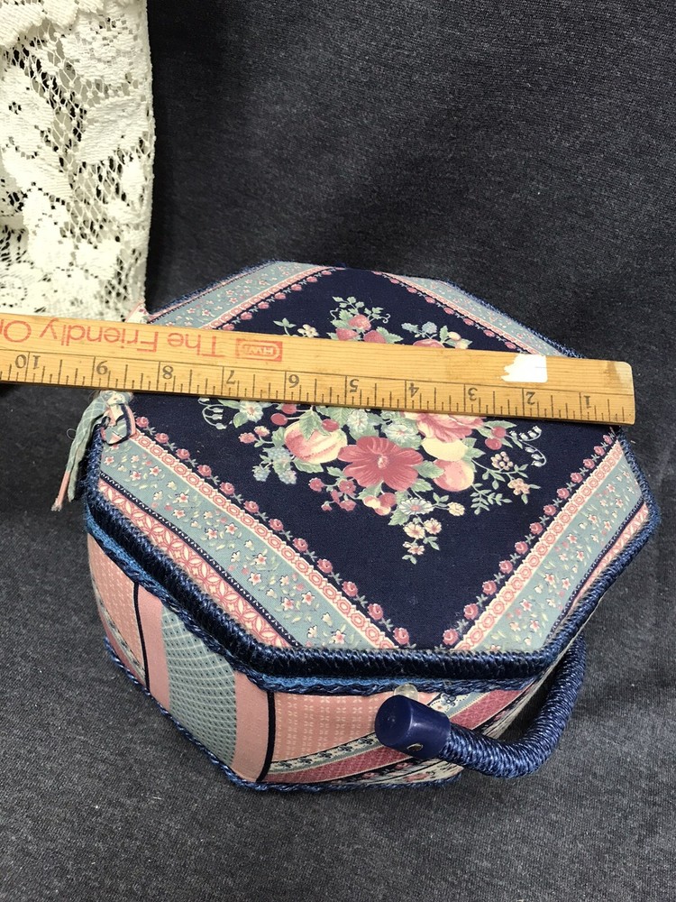 Vintage 1980’s Era Sewing Basket With Blue Patchwork Outside - Solid Blue Insi