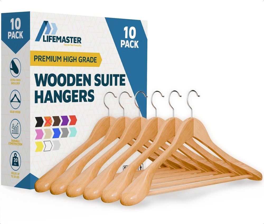 Solid Wooden Hanger Set - 10 Pieces Non-Slip Versatile Closet Space-Saving Ha...