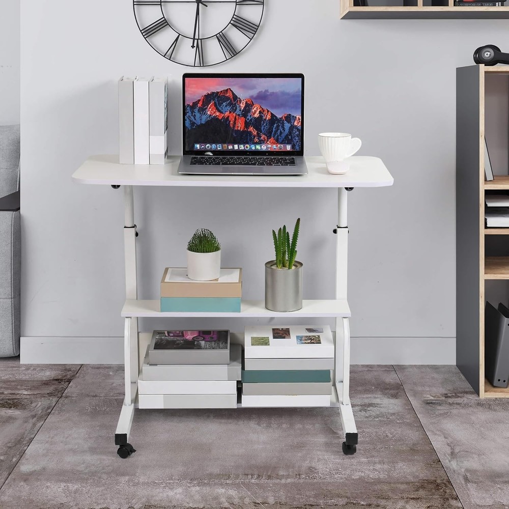 Adjustable Height Durable Computer Desk Small Space Rolling Writing W/ Wheels