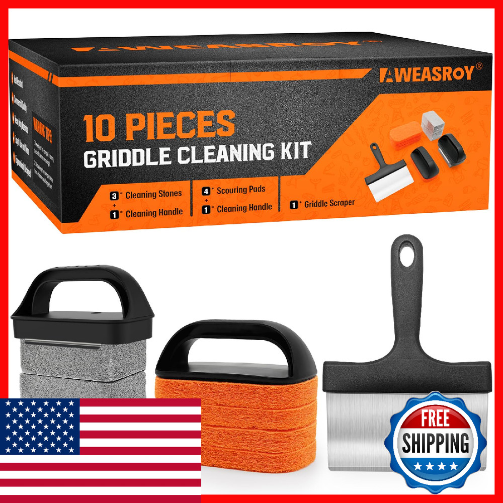 AWEASROY Griddle Cleaning Kit: Grill Stone, Scraper & Brush for Flat Tops