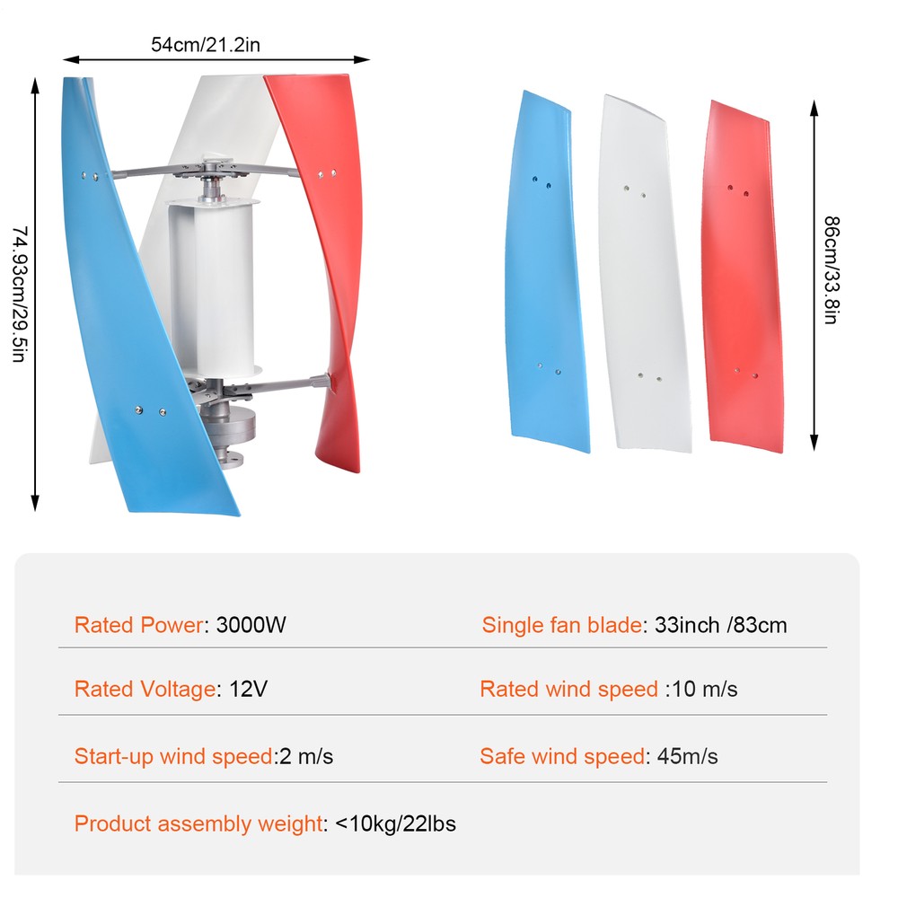 Vertical Axis Wind Turbine Generator 3000W Windmill W/ Controller 12V